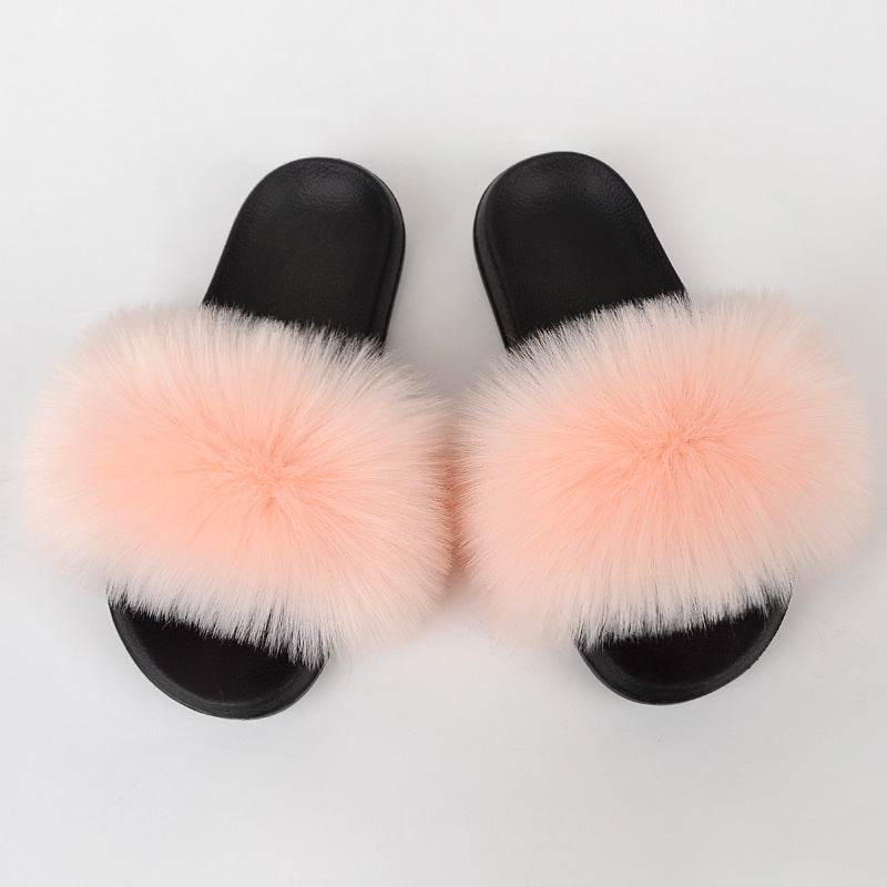 Faux Fox Fur Slippers Women Non Slip Plush Slippers - Mubimart