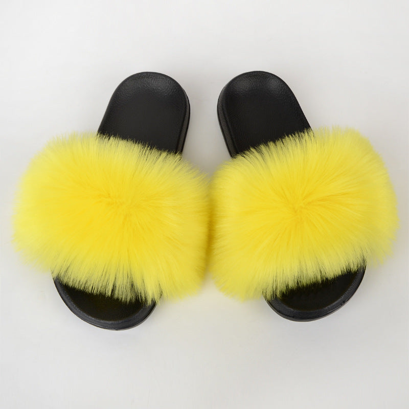 Faux Fox Fur Slippers Women Non Slip Plush Slippers - Mubimart -  