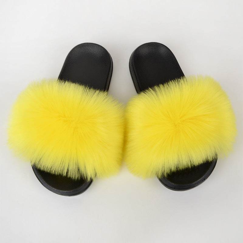 Faux Fox Fur Slippers Women Non Slip Plush Slippers - Mubimart