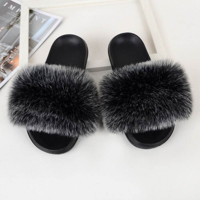 Faux Fox Fur Slippers Women Non Slip Plush Slippers - Mubimart