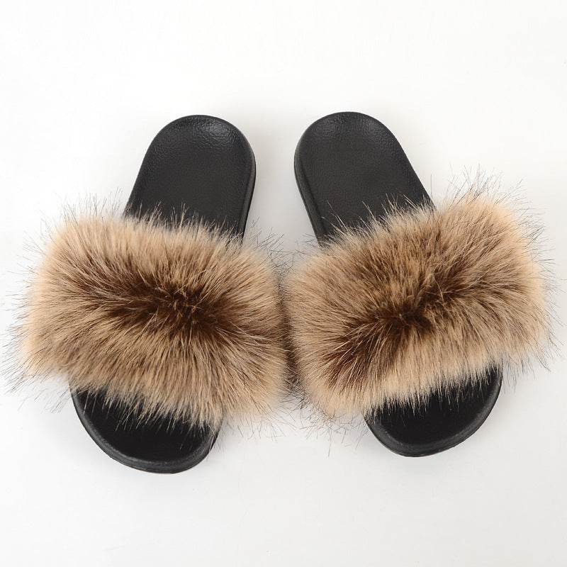 Faux Fox Fur Slippers Women Non Slip Plush Slippers - Mubimart
