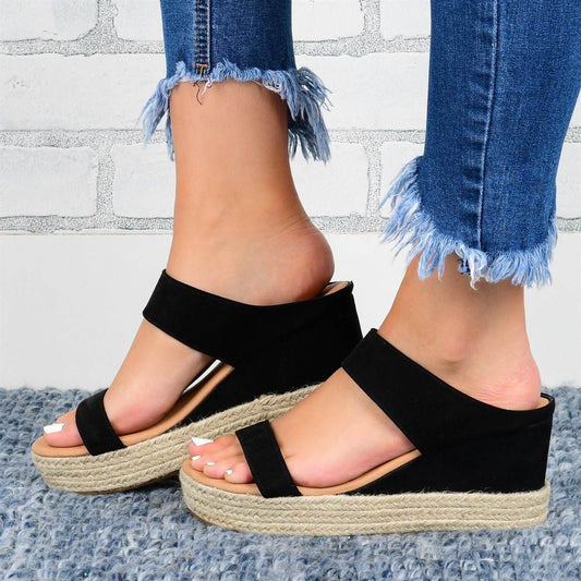 Wedge Heel Slippers Casual Sandals Hemp High Wedge Heel Shoes - Mubimart