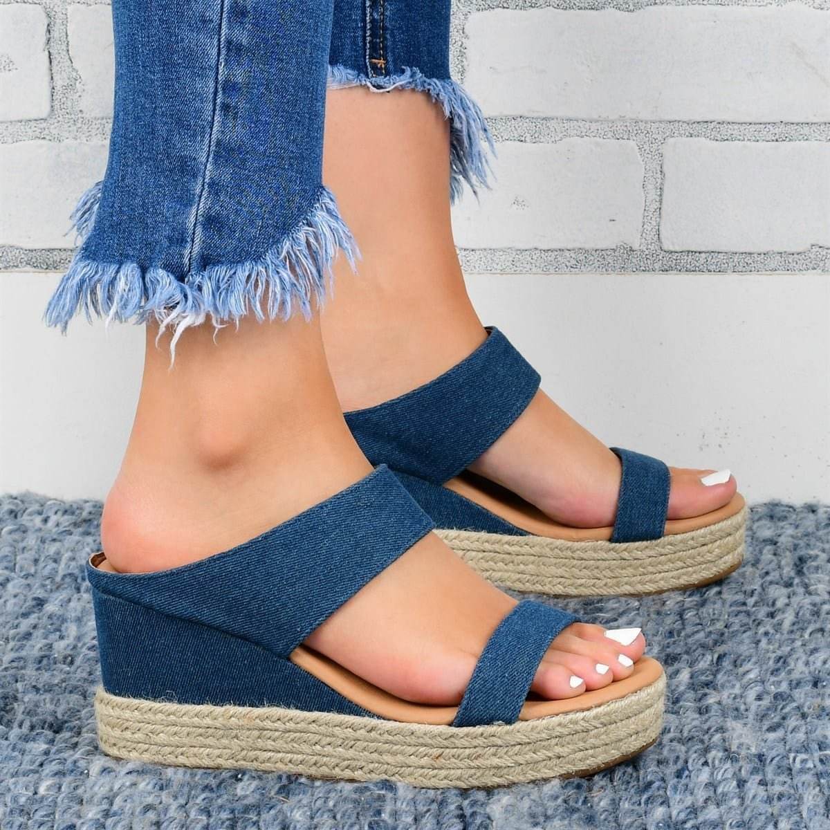 Wedge Heel Slippers Casual Sandals Hemp High Wedge Heel Shoes - Mubimart