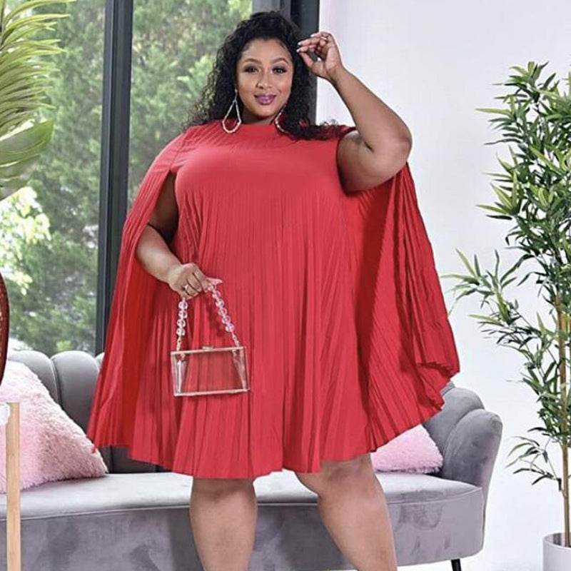 Bat Sleeve Plus Size Loose Casual Pleated Dress - Mubimart