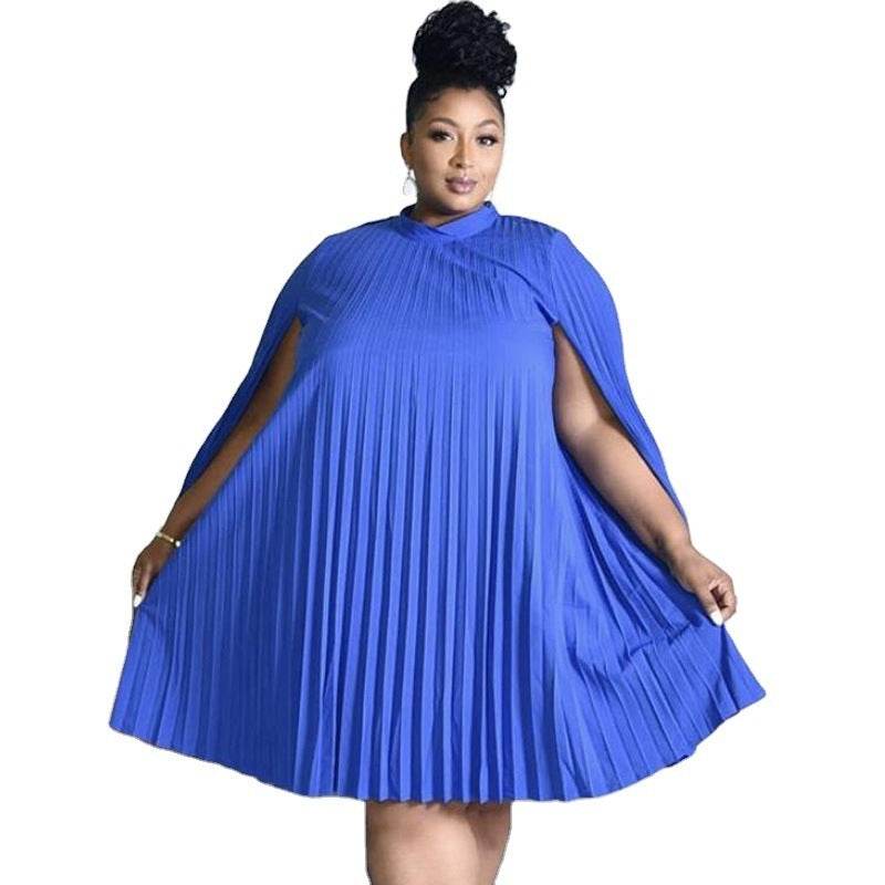 Bat Sleeve Plus Size Loose Casual Pleated Dress - Mubimart