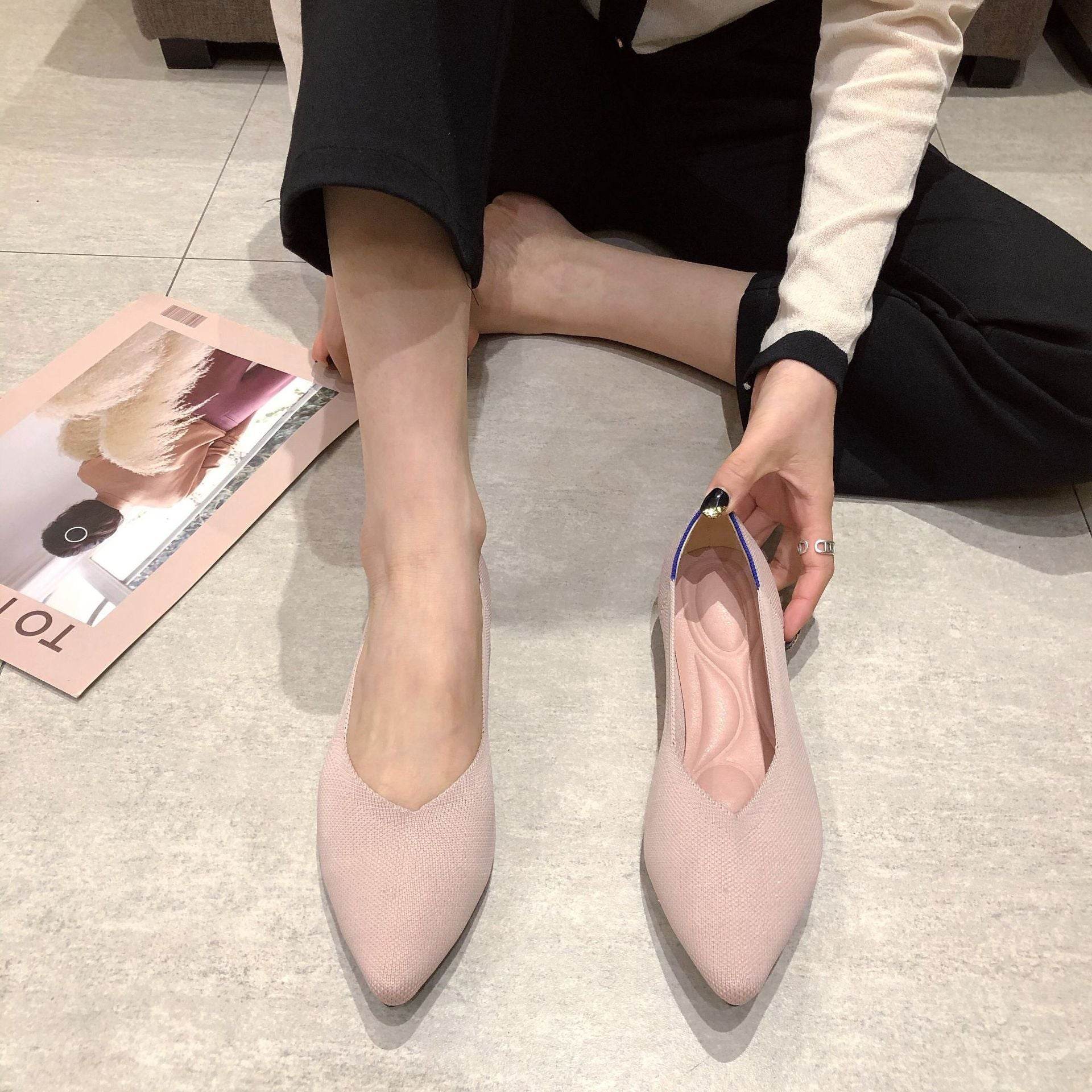 Women's Woven Pointed-toe Flat Knit Single Shoes - Mubimart