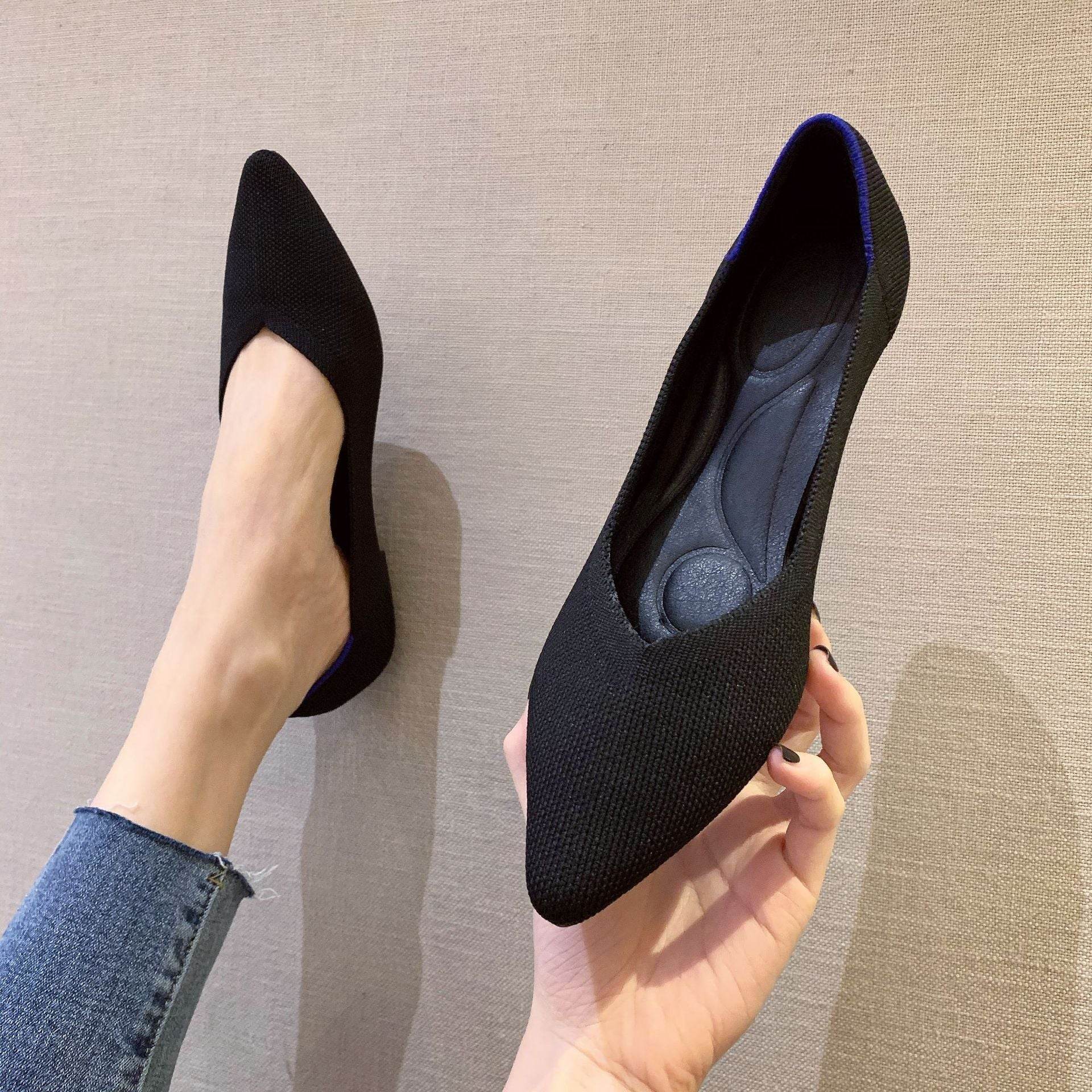 Women's Woven Pointed-toe Flat Knit Single Shoes - Mubimart