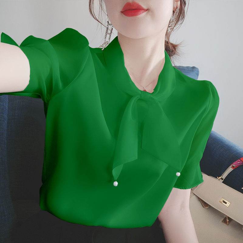 Bowknot V-neck Chiffon Shirt Blouse Women - Mubimart