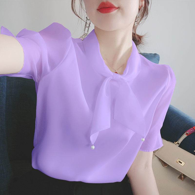 Bowknot V-neck Chiffon Shirt Blouse Women - Mubimart