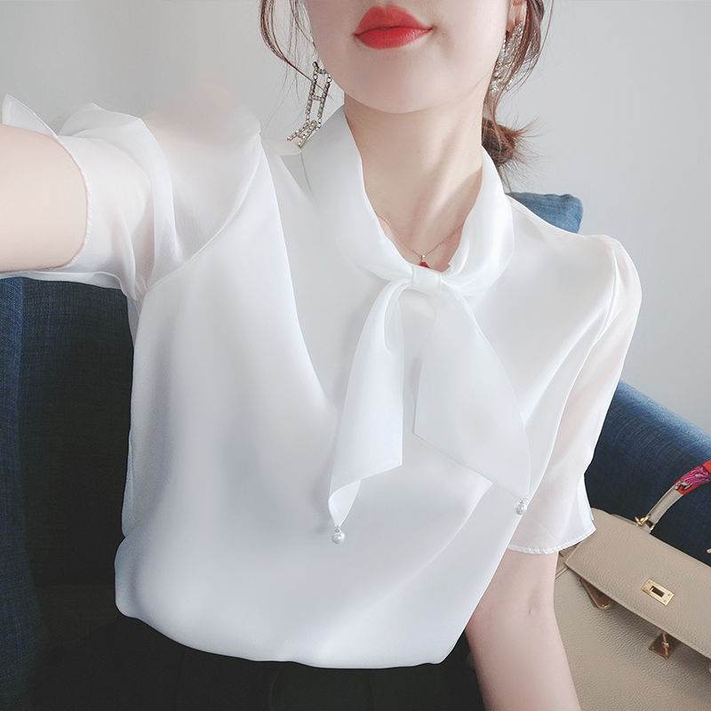 Bowknot V-neck Chiffon Shirt Blouse Women - Mubimart