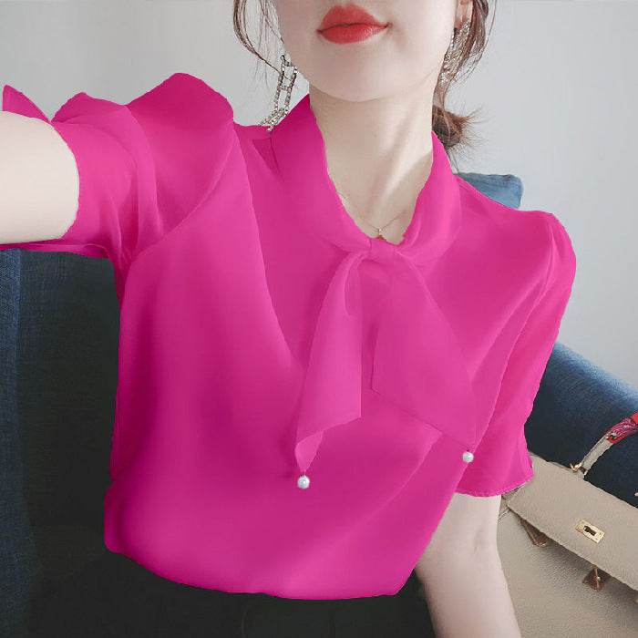 Bowknot V-neck Chiffon Shirt Blouse Women - Mubimart