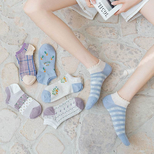 Purple Blue Women's Socks Spring And Summer Shallow Mouth Low Cut Short Socks - Mubimart