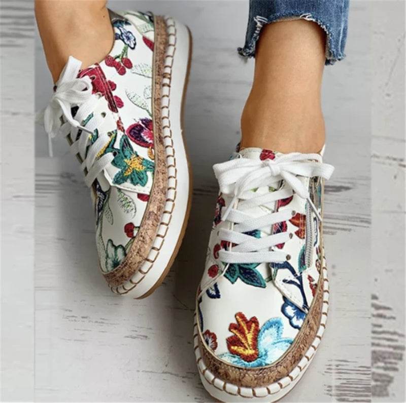 Ethnic Style Printed Flats Shoes Casual Side Zip Slip-on Shoes Loafers Women - Mubimart