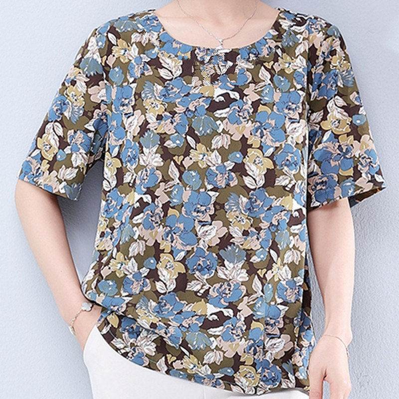Summer Mid-Sleeve Loose Mother Dress Shirt Round Neck Plus Size Blouse - Mubimart