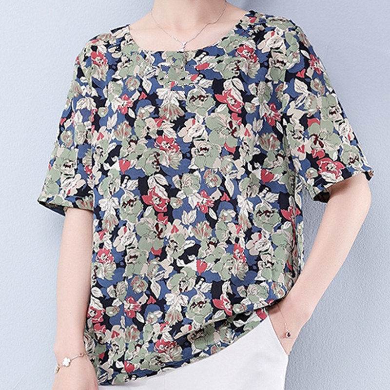Summer Mid-Sleeve Loose Mother Dress Shirt Round Neck Plus Size Blouse - Mubimart