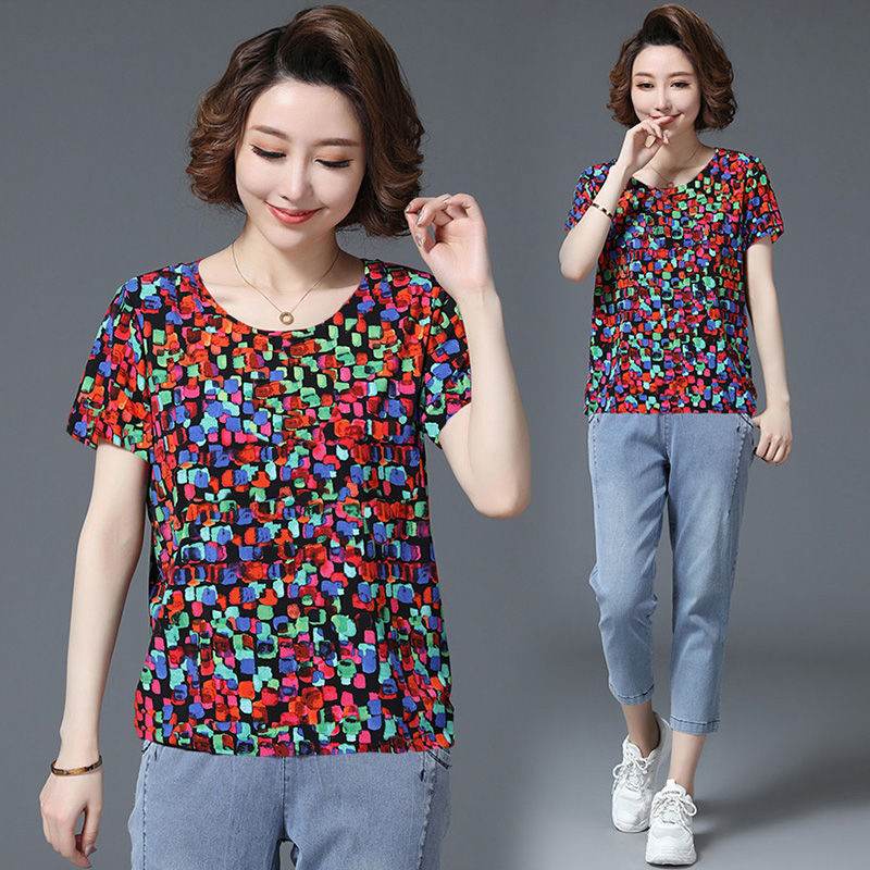 Summer Mid-Sleeve Loose Mother Dress Shirt Round Neck Plus Size Blouse - Mubimart