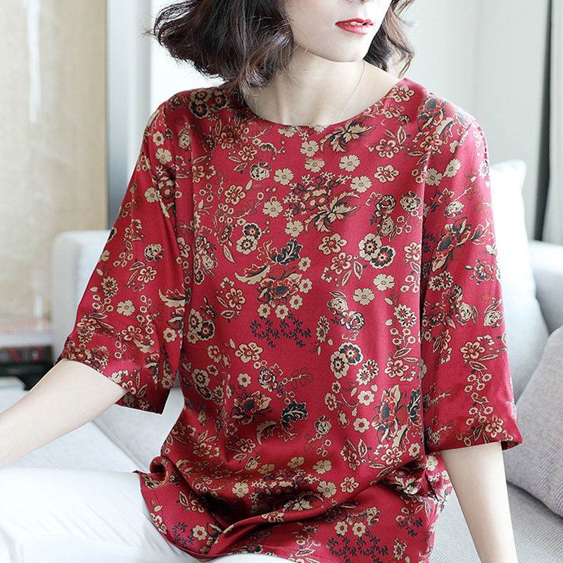 Summer Mid-Sleeve Loose Mother Dress Shirt Round Neck Plus Size Blouse - Mubimart