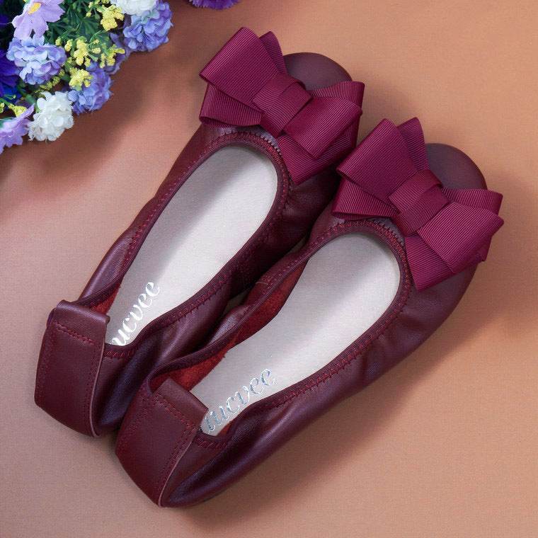 Egg Roll Women's Shoes Large Size Bow Single Shoes Women's Leather Boat Shoes - Mubimart