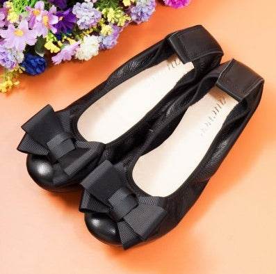 Egg Roll Women's Shoes Large Size Bow Single Shoes Women's Leather Boat Shoes - Mubimart
