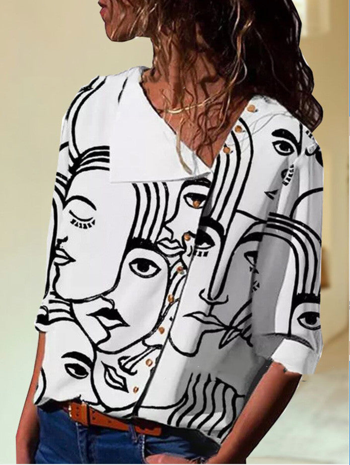 Abstract Print Long Sleeve Loose Plus Size T-shirt - Mubimart -  