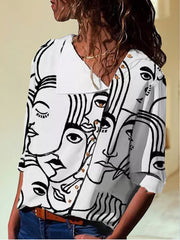 Abstract Print Long Sleeve Loose Plus Size T-shirt - Mubimart -  