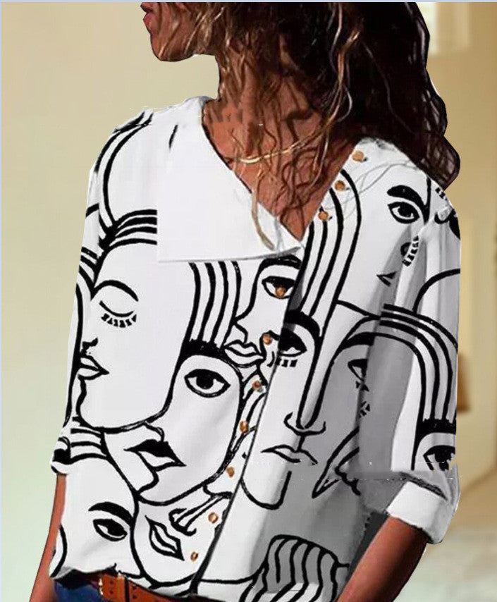 Abstract Print Long Sleeve Loose Plus Size T-shirt - Mubimart - Plus Size Tshirts 