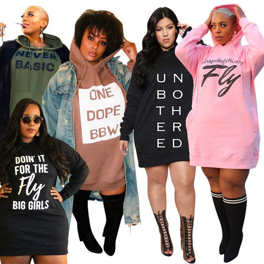 Plus Size Dresses for Women Letter Print Hoodie Casual Loose Mini Dress Sweat Suits Spring Clothes - Mubimart
