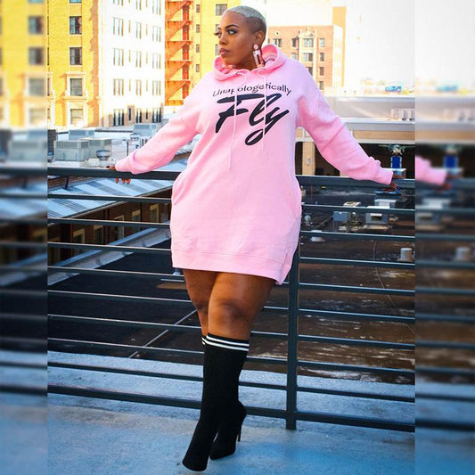 Plus Size Dresses for Women Letter Print Hoodie Casual Loose Mini Dress Sweat Suits Spring Clothes - Mubimart