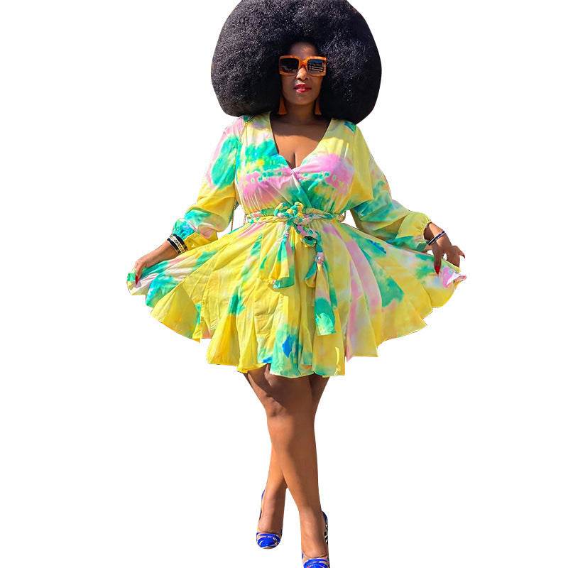 Women Long Sleeve Mini Bodycon Dress Print Pleated Sexy Club Party V-Neck Shases Plus Size S-5XL Dress - Mubimart