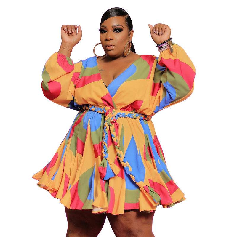 Women Long Sleeve Mini Bodycon Dress Print Pleated Sexy Club Party V-Neck Shases Plus Size S-5XL Dress - Mubimart