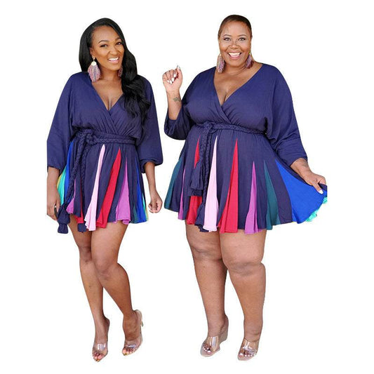 Women Long Sleeve Mini Bodycon Dress Print Pleated Sexy Club Party V-Neck Shases Plus Size S-5XL Dress - Mubimart