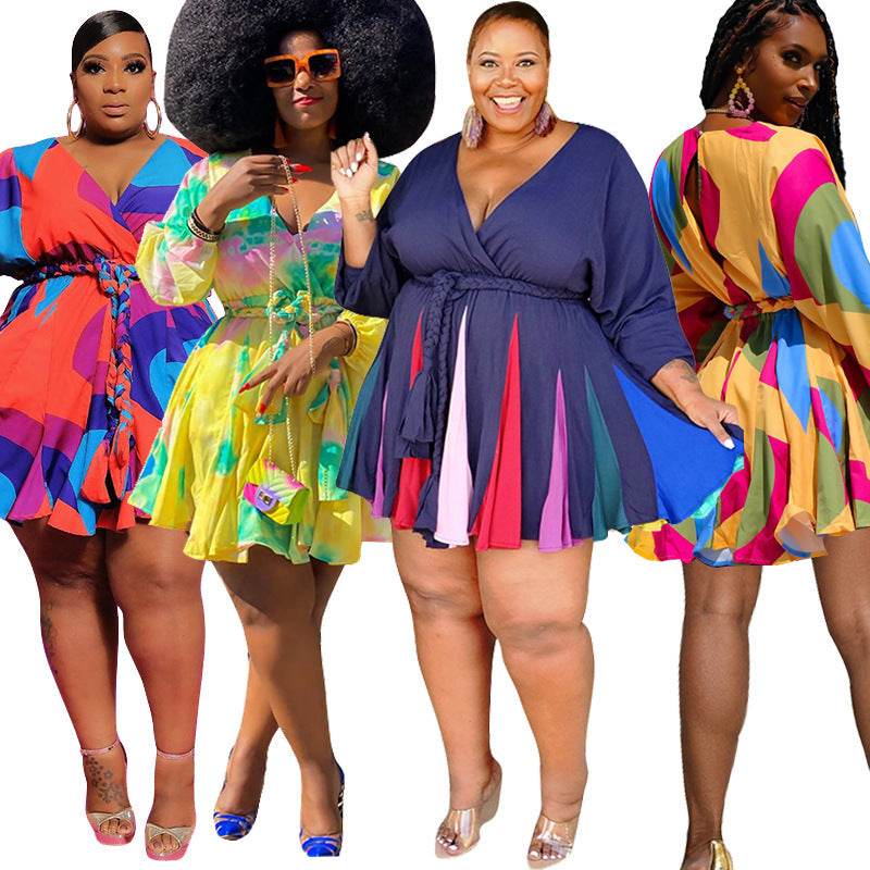 Women Long Sleeve Mini Bodycon Dress Print Pleated Sexy Club Party V-Neck Shases Plus Size S-5XL Dress - Mubimart