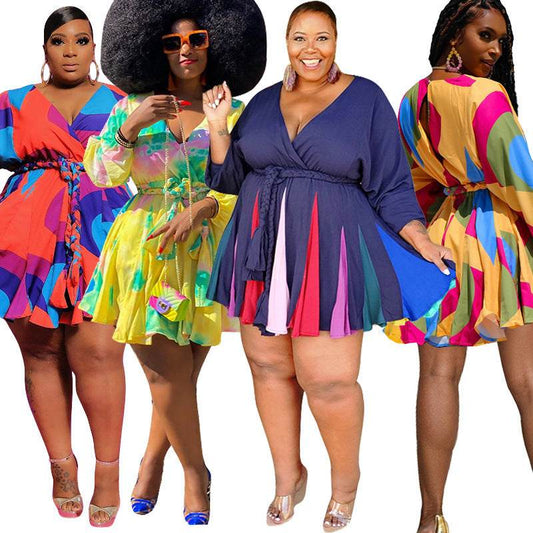 Women Long Sleeve Mini Bodycon Dress Print Pleated Sexy Club Party V-Neck Shases Plus Size S-5XL Dress - Mubimart