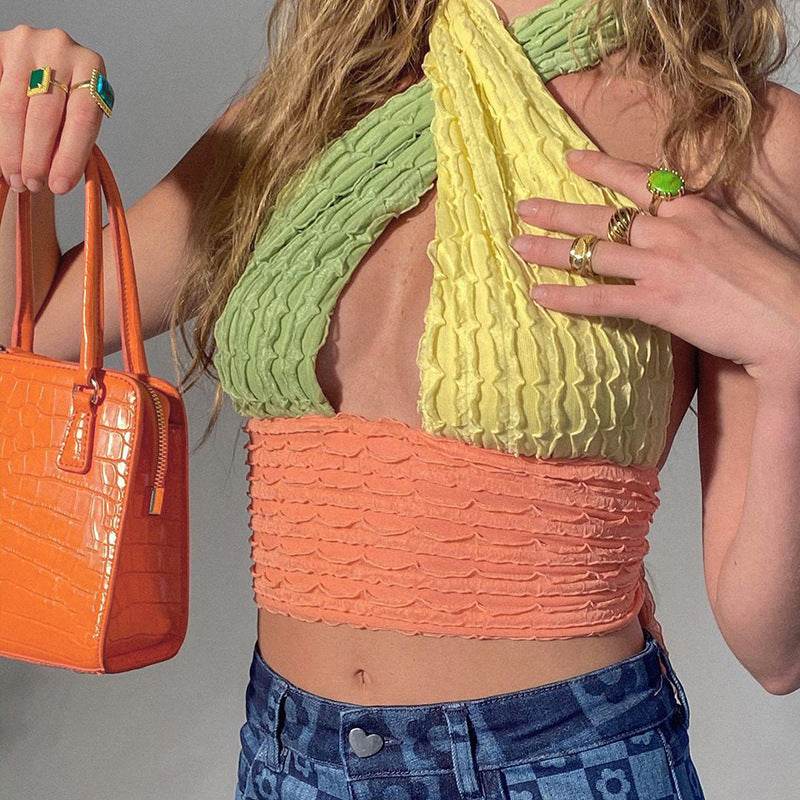 Patchwork Hollow Out Knit Crop Top Women - Mubimart
