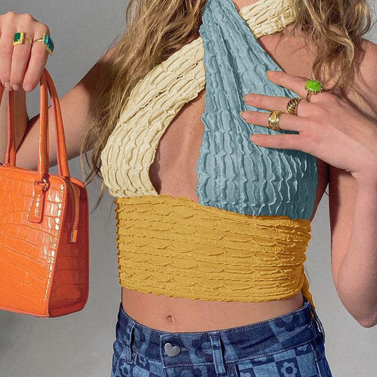Patchwork Hollow Out Knit Crop Top Women - Mubimart