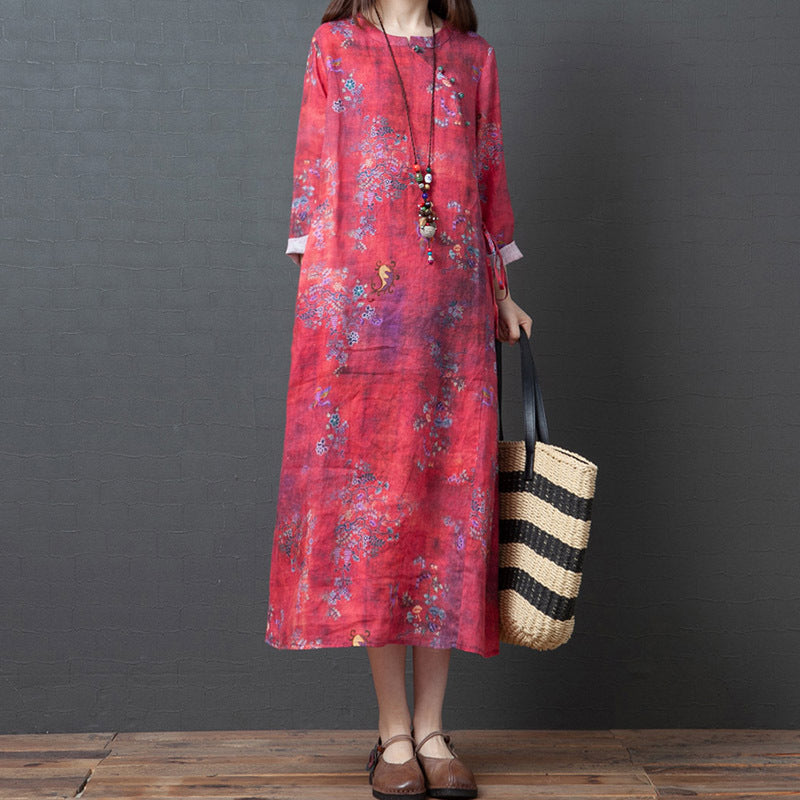 Spring And Autumn New Products Loose Cotton Linen Large Size Printed Oblique Lapel Thinning Long Sleeve Ethnic Linen Midi Dress - Mubimart -  