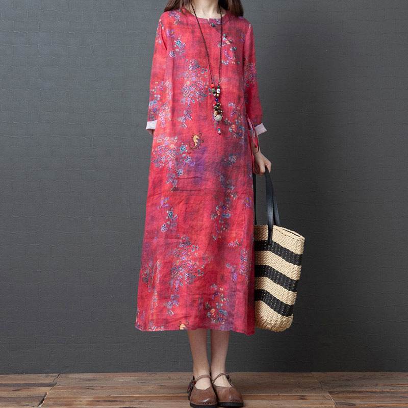 Spring And Autumn New Products Loose Cotton Linen Large Size Printed Oblique Lapel Thinning Long Sleeve Ethnic Linen Midi Dress - Mubimart
