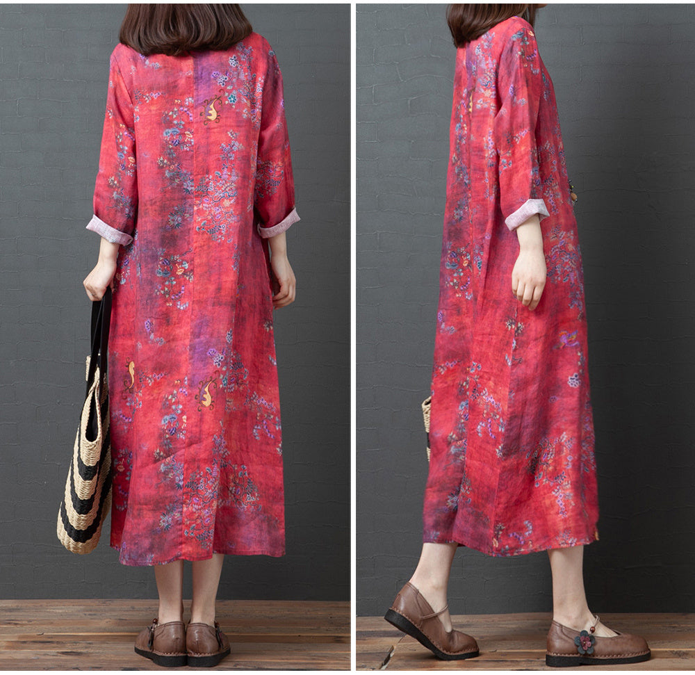 Spring And Autumn New Products Loose Cotton Linen Large Size Printed Oblique Lapel Thinning Long Sleeve Ethnic Linen Midi Dress - Mubimart -  