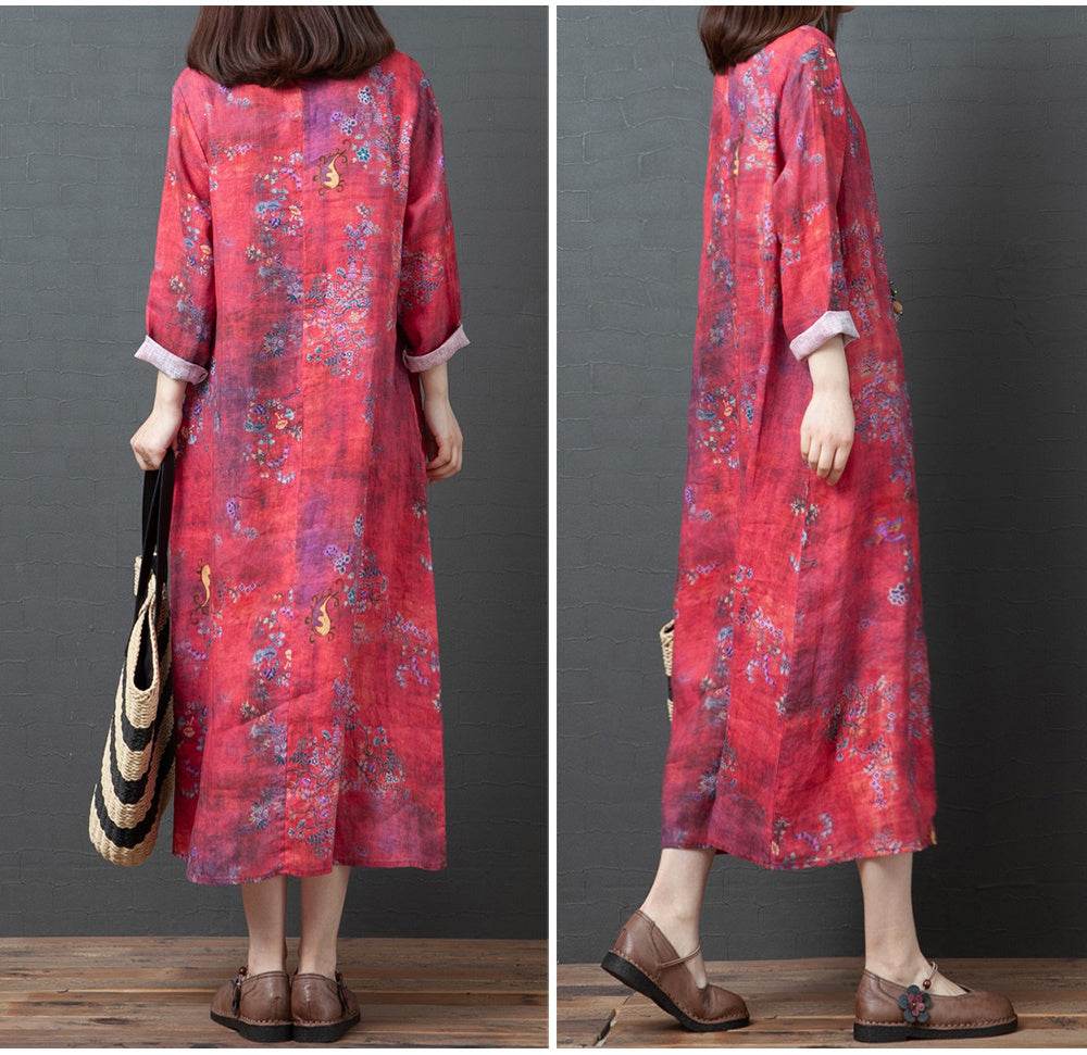 Spring And Autumn New Products Loose Cotton Linen Large Size Printed Oblique Lapel Thinning Long Sleeve Ethnic Linen Midi Dress - Mubimart