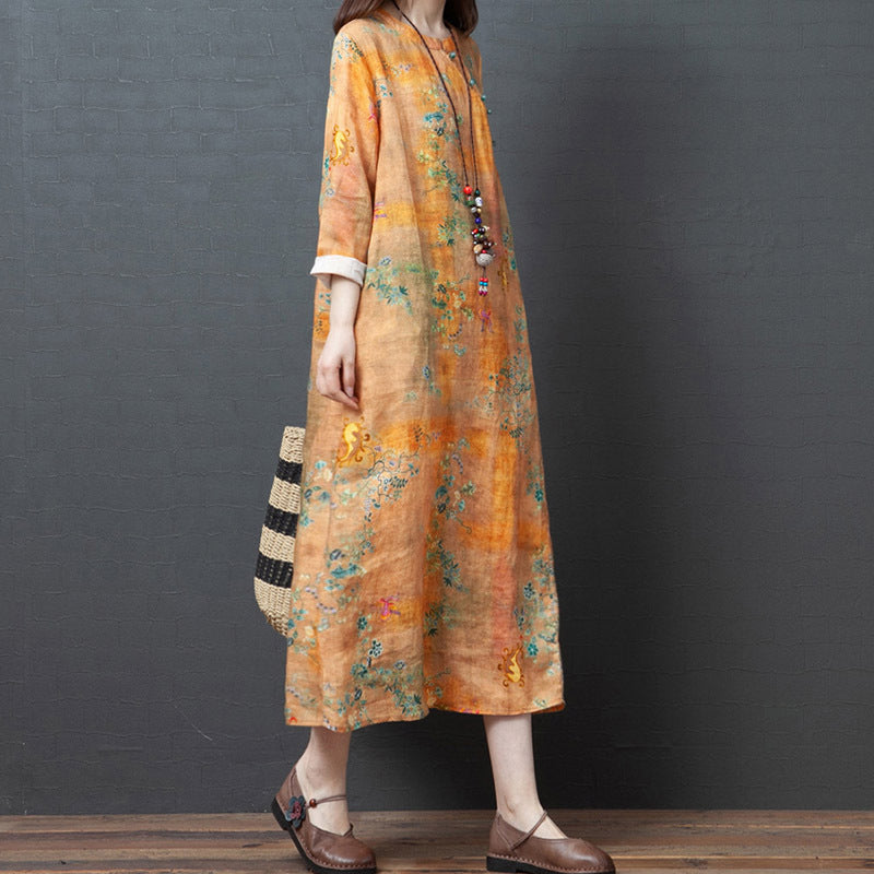 Spring And Autumn New Products Loose Cotton Linen Large Size Printed Oblique Lapel Thinning Long Sleeve Ethnic Linen Midi Dress - Mubimart -  