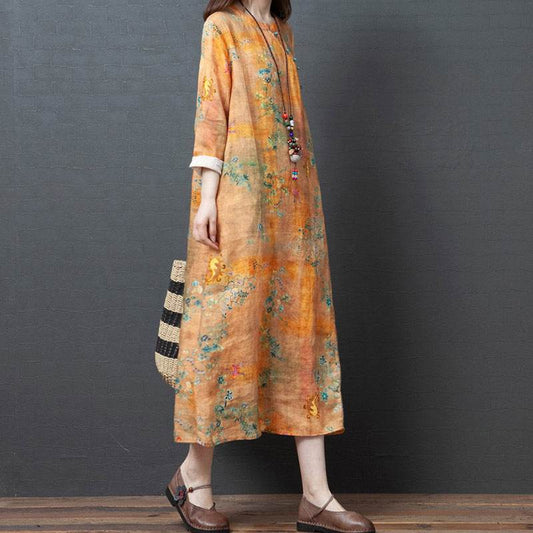 Spring And Autumn New Products Loose Cotton Linen Large Size Printed Oblique Lapel Thinning Long Sleeve Ethnic Linen Midi Dress - Mubimart