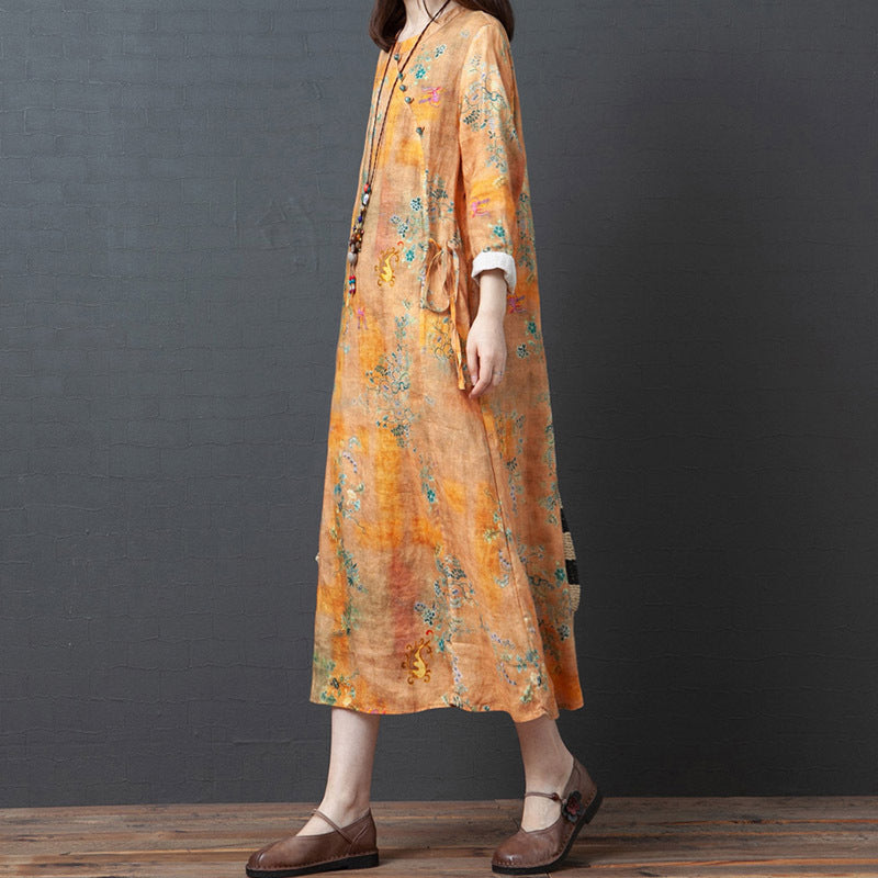 Spring And Autumn New Products Loose Cotton Linen Large Size Printed Oblique Lapel Thinning Long Sleeve Ethnic Linen Midi Dress - Mubimart -  