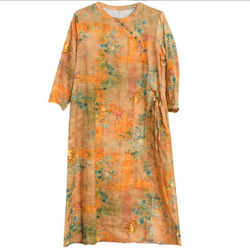 Spring And Autumn New Products Loose Cotton Linen Large Size Printed Oblique Lapel Thinning Long Sleeve Ethnic Linen Midi Dress - Mubimart