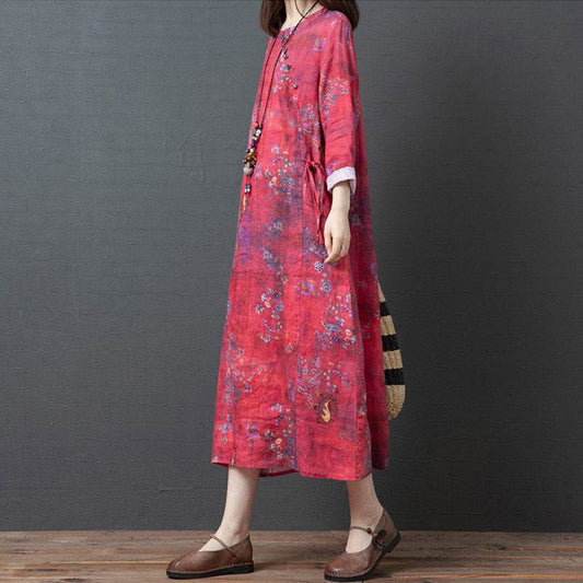 Spring And Autumn New Products Loose Cotton Linen Large Size Printed Oblique Lapel Thinning Long Sleeve Ethnic Linen Midi Dress - Mubimart