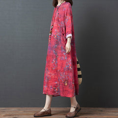 Spring And Autumn New Products Loose Cotton Linen Large Size Printed Oblique Lapel Thinning Long Sleeve Ethnic Linen Midi Dress - Mubimart - Plus Size Midi Dress 