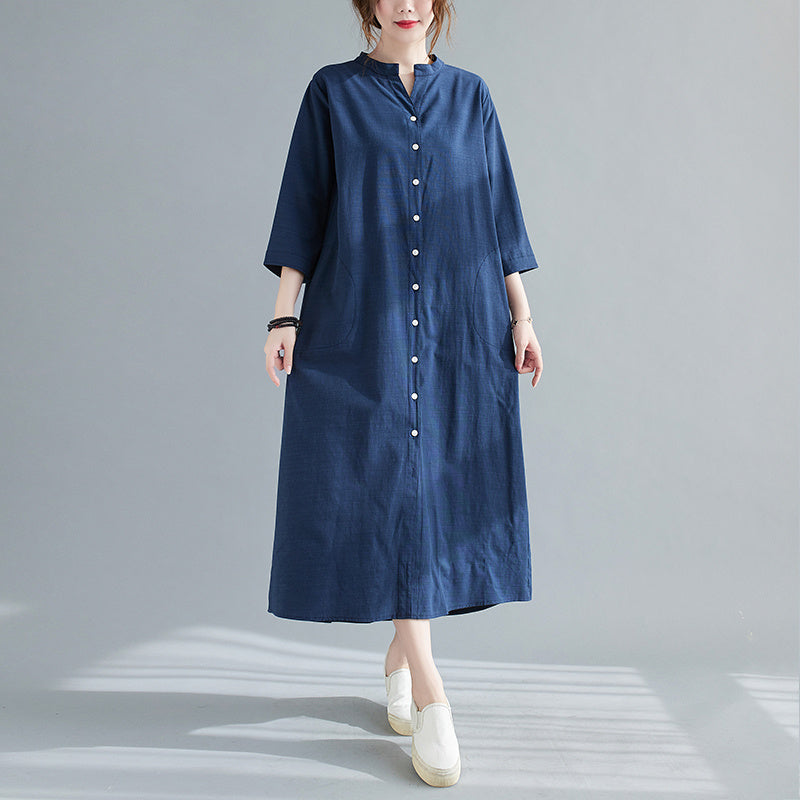 New Spring And Summer Loose Plus Size Women's Linen Over The Knee Long Shirt Skirt Age-Reducing And Thin Temperament Dress - Mubimart -  