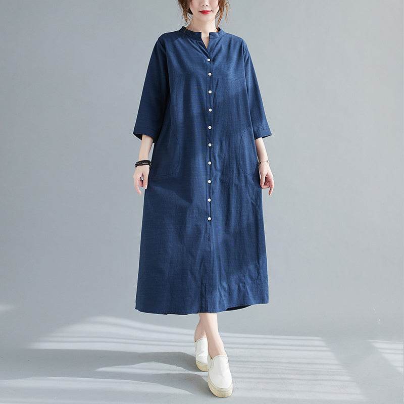 New Spring And Summer Loose Plus Size Women's Linen Over The Knee Long Shirt Skirt Age-Reducing And Thin Temperament Dress - Mubimart
