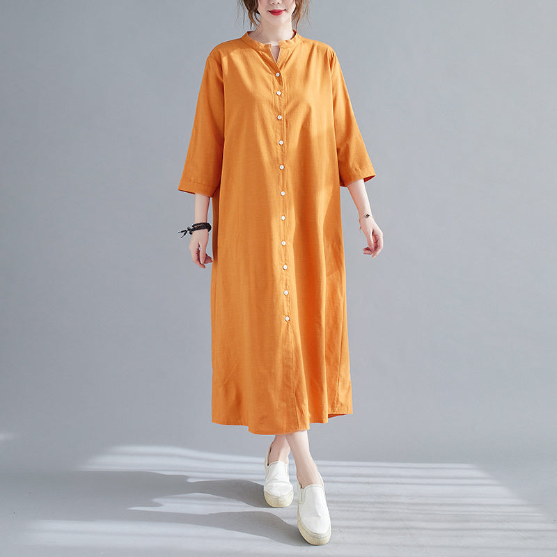 New Spring And Summer Loose Plus Size Women's Linen Over The Knee Long Shirt Skirt Age-Reducing And Thin Temperament Dress - Mubimart -  