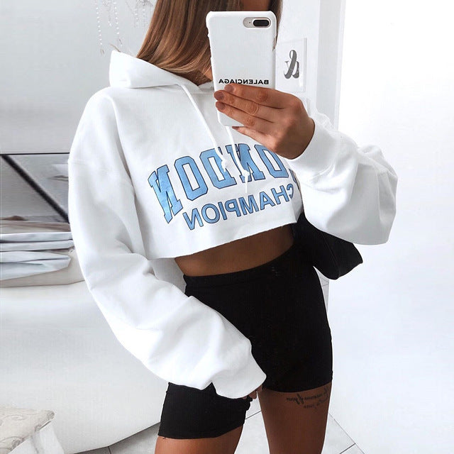 Explosion Style Autumn Long-Sleeved Hoodie Women Crop Top White - Mubimart -  