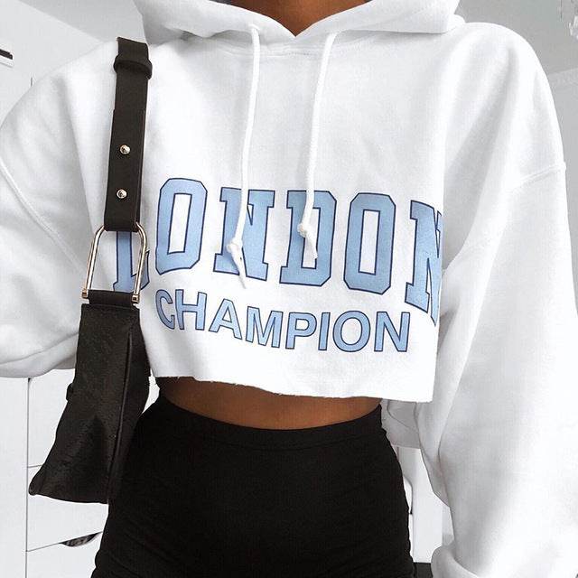 Explosion Style Autumn Long-Sleeved Hoodie Women Crop Top White - Mubimart
